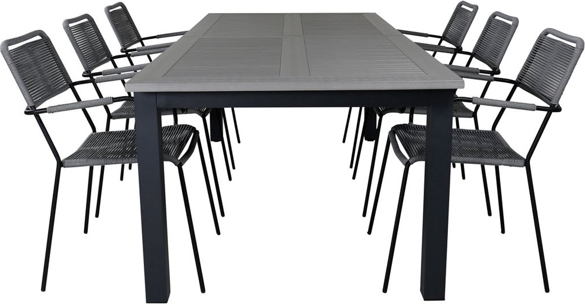 Albany Tuinmeubelset Tafel 100x224/324cm En 6 Stoel Armleuning Lindos, Grijs. - Zwart