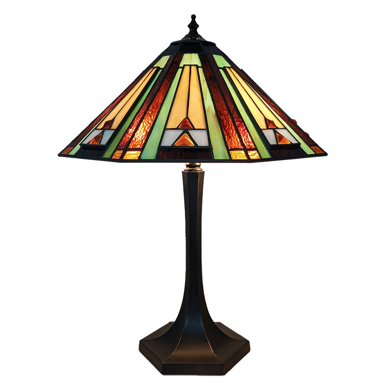 Clayre & Eef Lumilamp Tiffany Tafellamp Ø 41*54 Cm, Bruin, Beige Glas, Zink Tiffany Bureaulamp Tiffany Lampen Tiffany - Groen