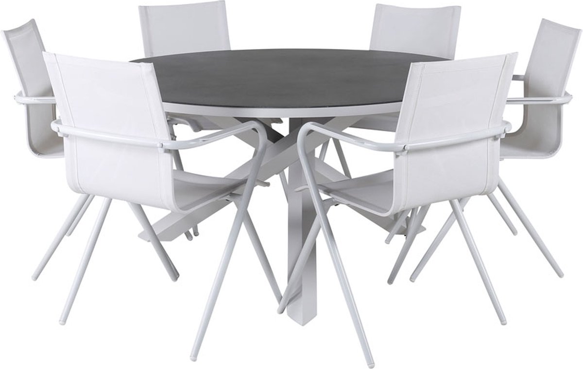 Copacabana Tuinmeubelset Tafel Ø140cm En 6 Stoel Alina, Grijs, Crèmekleur. - Wit