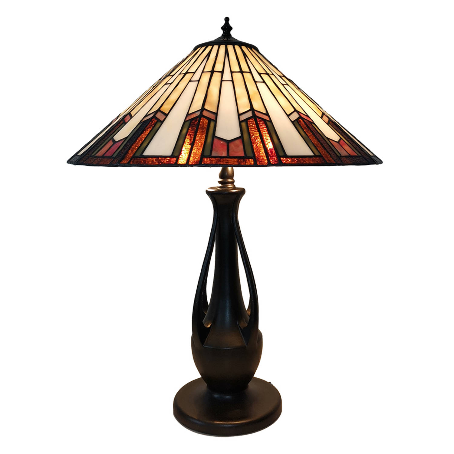 Clayre & Eef Lumilamp Tiffany Tafellamp Ø 46*60 Cm, Bruin Glas, Kunststof Rond Tiffany Bureaulamp Tiffany Lampen Tiffany - Beige