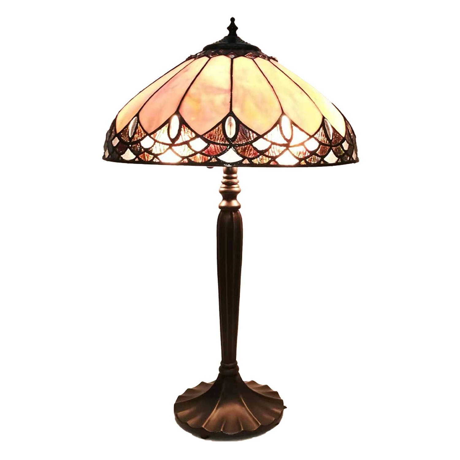 Clayre & Eef Lumilamp Tiffany Tafellamp Ø 39*63 Cm, Bruin Glas, Kunststof Rond Tiffany Bureaulamp Tiffany Lampen Tiffany - Beige