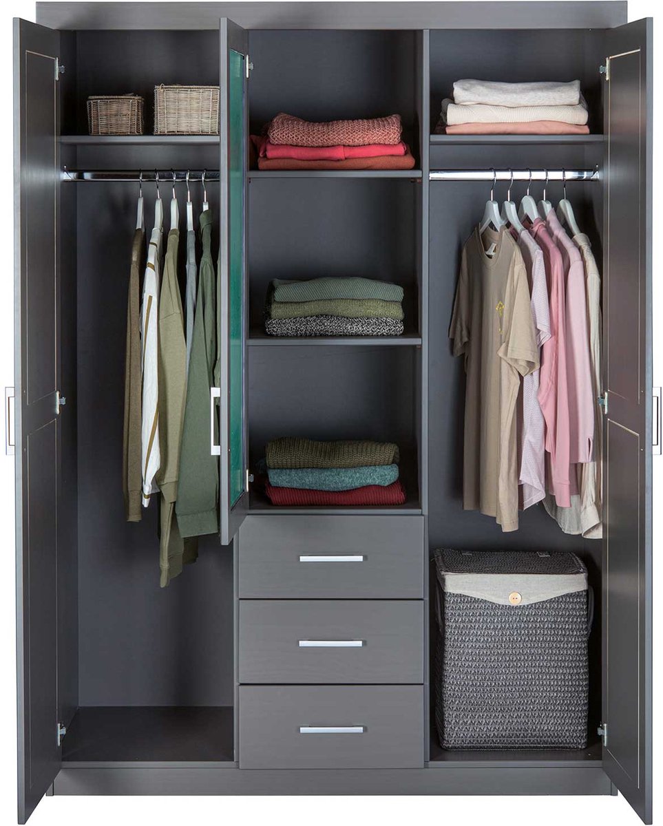 Norwin Kledingkast 2 Deuren, 1 Spiegeldeur, 3 Laden,. - Grijs
