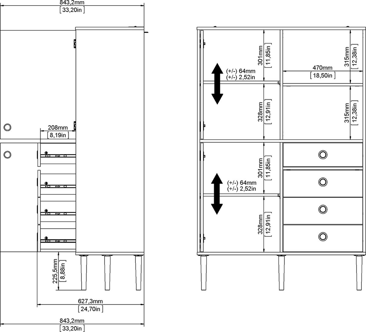 Rome Wandkast 2 Deuren, 4 Laden En 2 Vakken Hickory Decor En Mat. - Bruin