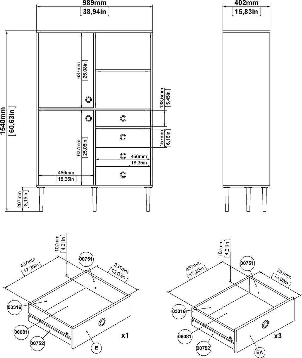 Rome Wandkast 2 Deuren, 4 Laden En 2 Vakken Hickory Decor En Mat. - Bruin