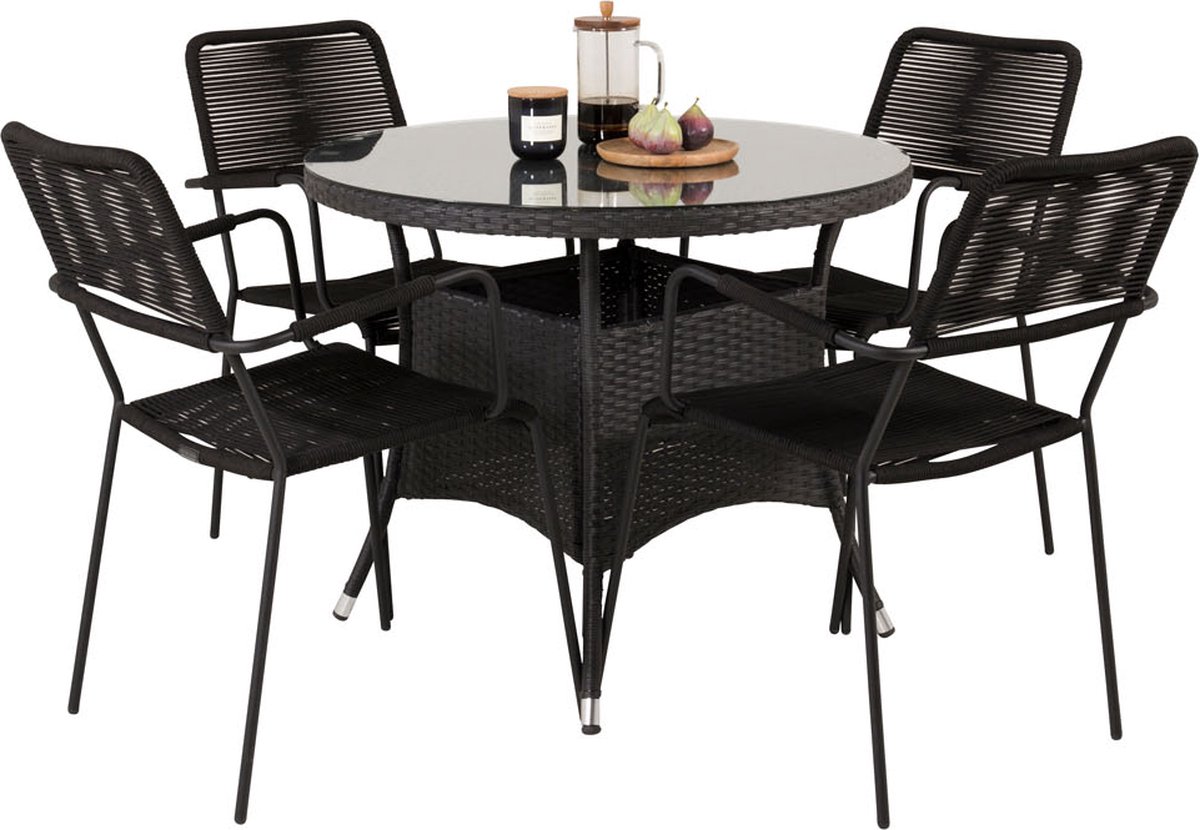 Volta Tuinmeubelset Tafel Ø90cm En 4 Stoel Armleunings Lindos. - Zwart
