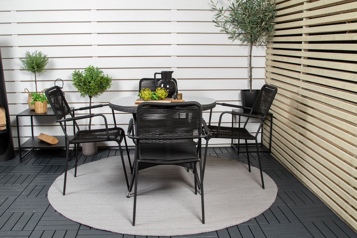Volta Tuinmeubelset Tafel Ø90cm En 4 Stoel Armleunings Lindos. - Zwart