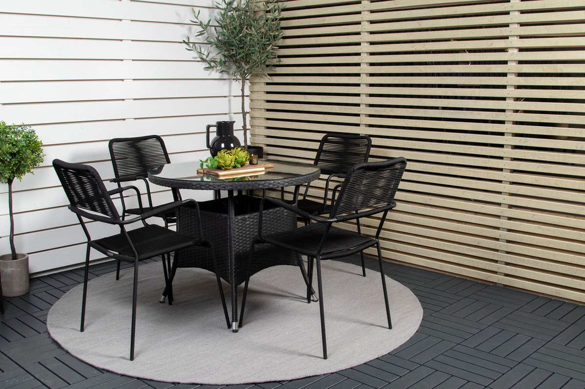 Volta Tuinmeubelset Tafel Ø90cm En 4 Stoel Armleunings Lindos. - Zwart