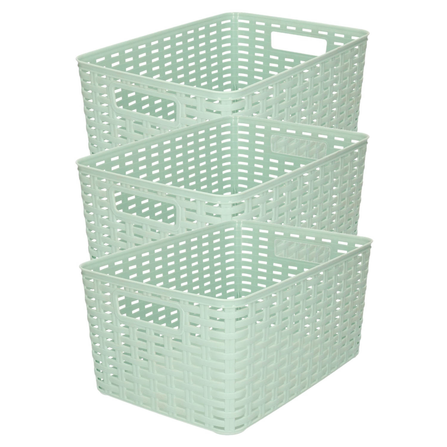 Forte Plastics 3x Stuks Rotan Gevlochten Opbergmand/opbergbox Kunststof - Mint - 22 X 33 X 16 Cm - Opbergbox - Groen