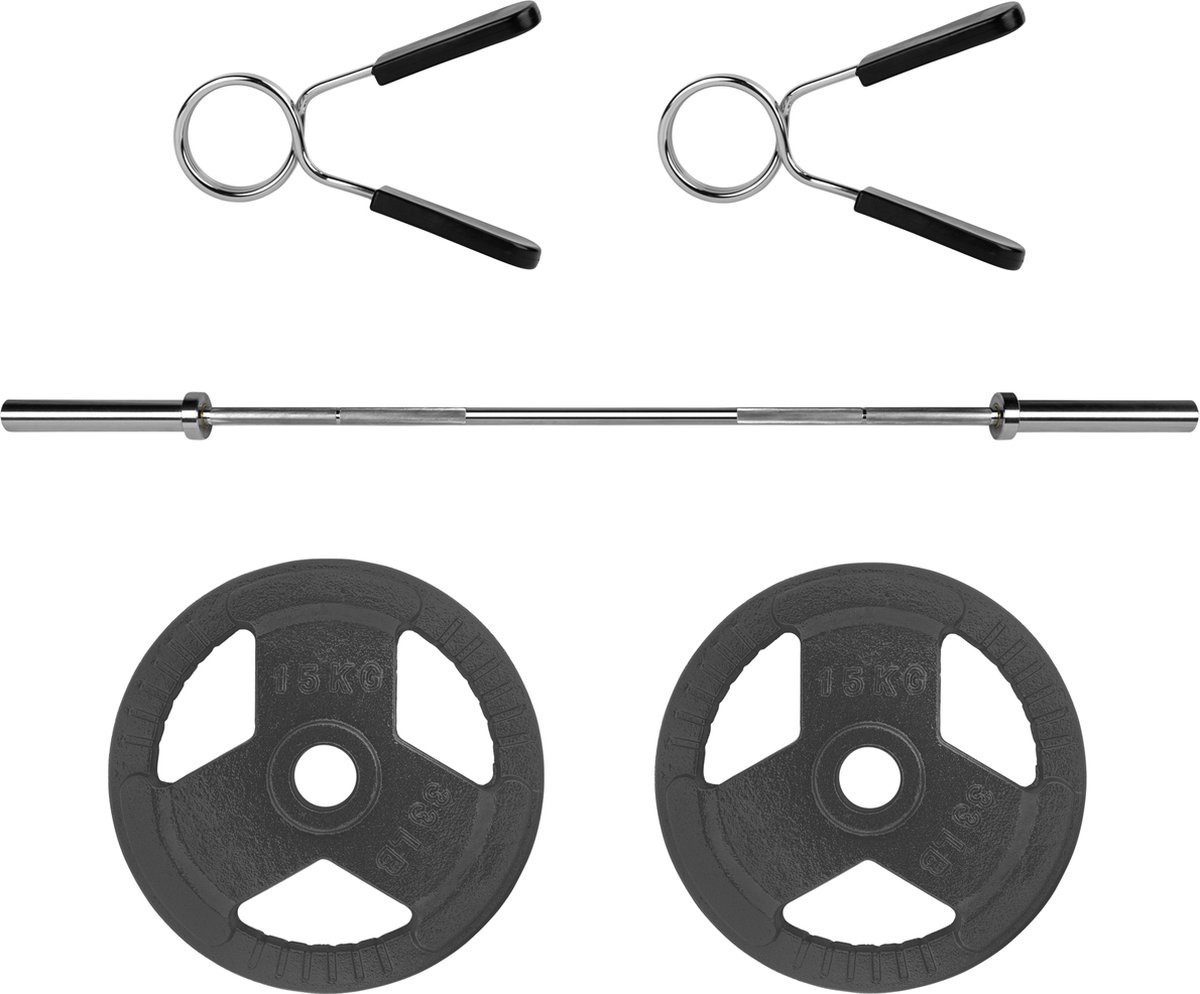 Ryzor Olympische Halterstang - 180 Cm - Staal - Zilver + Halterschijf - 15 Kg - Gietijzer 1 Paar - Grijs