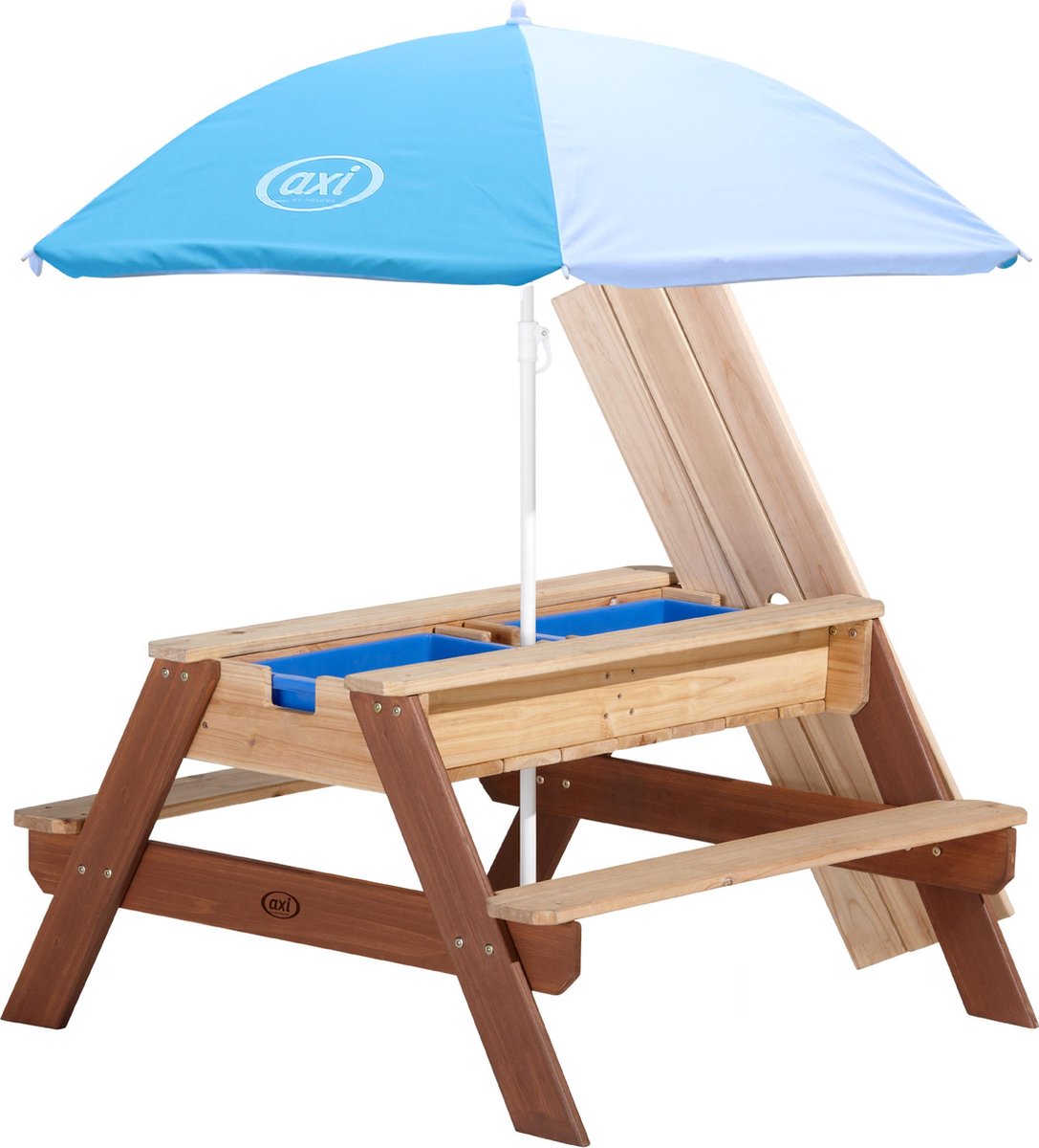 axi Nick Picknicktafel / Zandtafel / Watertafel Voor Kinderen In Bruin Met Parasol In Blauw/ Multifunctionele - Wit