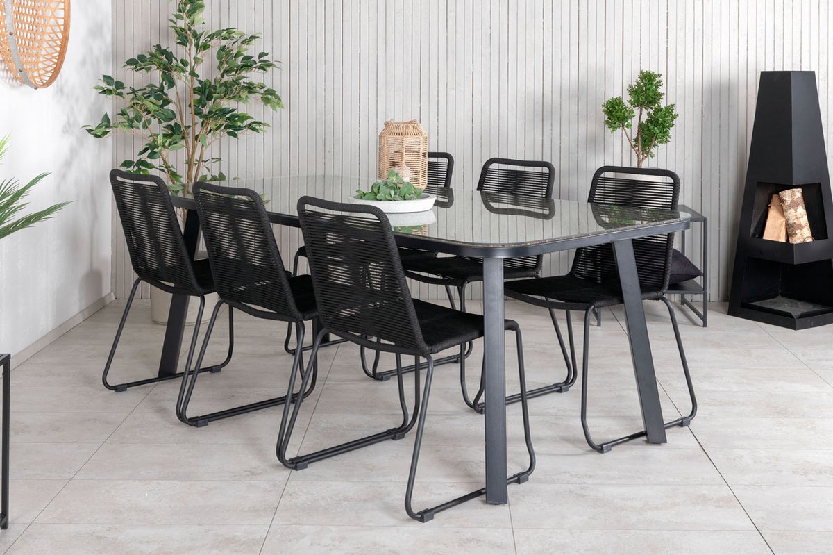 Paola Tuinmeubelset Tafel 100x200cm En 6 Stoel Stapels Lindos, Naturel. - Zwart