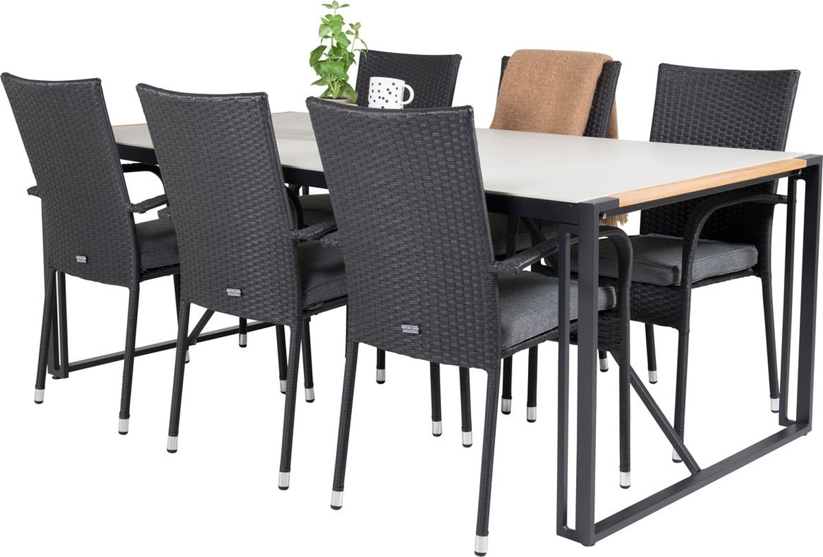Texas Tuinmeubelset Tafel 100x200cm En 6 Stoel Anna, Grijs, Naturel. - Zwart