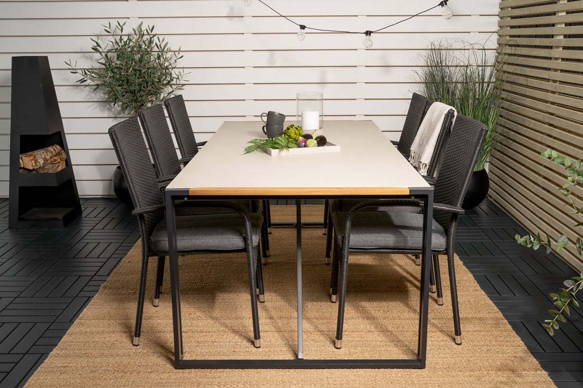 Texas Tuinmeubelset Tafel 100x200cm En 6 Stoel Anna, Grijs, Naturel. - Zwart