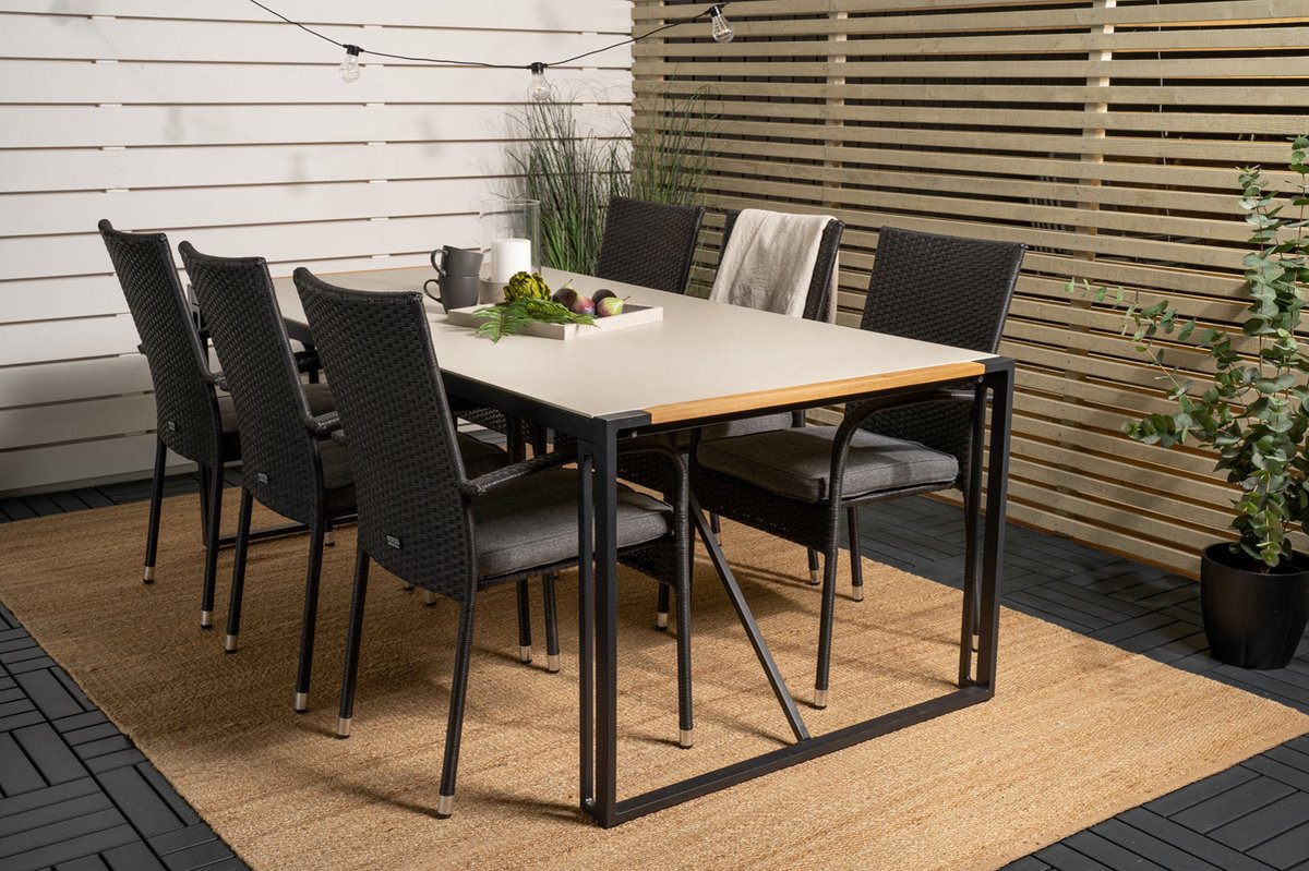 Texas Tuinmeubelset Tafel 100x200cm En 6 Stoel Anna, Grijs, Naturel. - Zwart