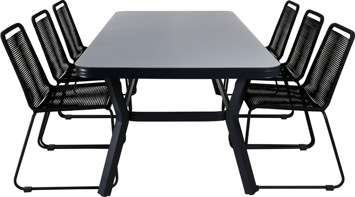 Virya Tuinmeubelset Tafel 100x200cm En 6 Stoel Stapel Lindos, Grijs. - Zwart