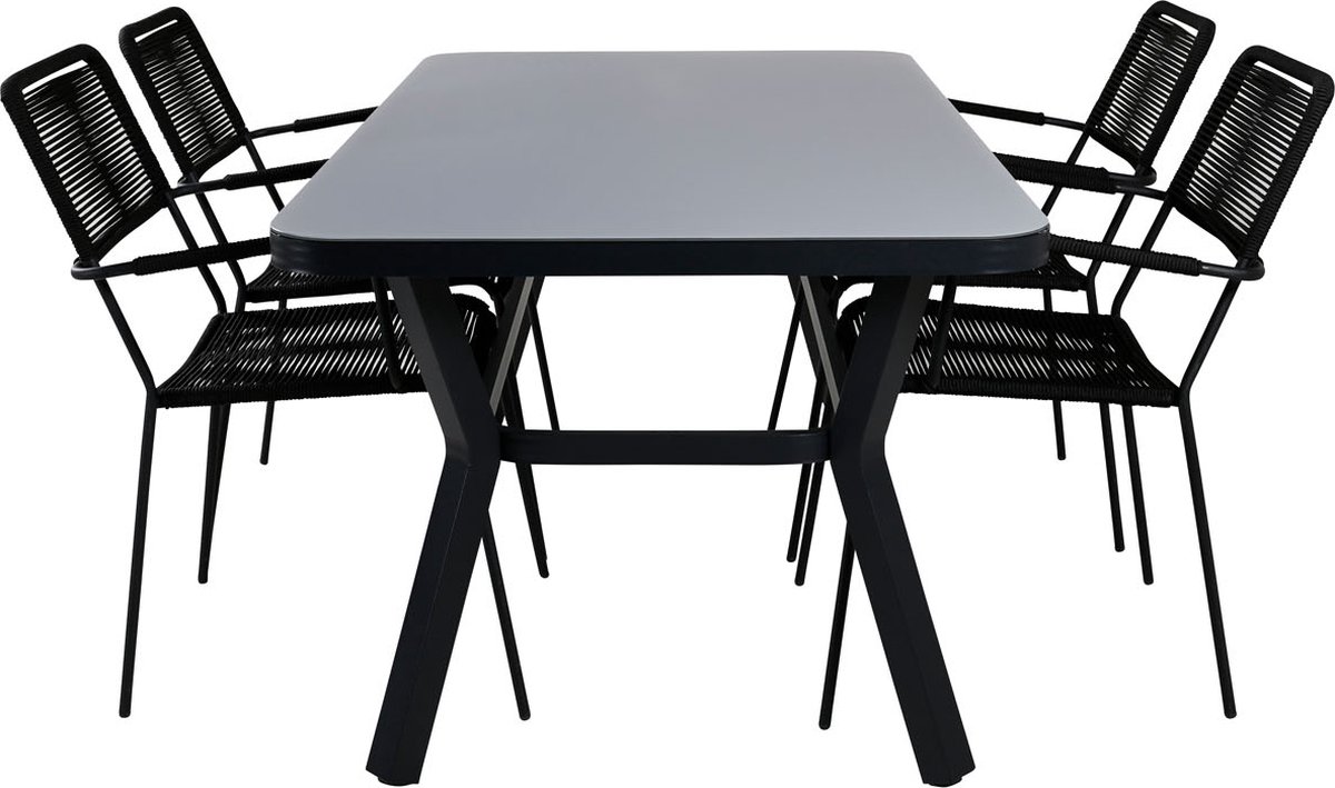 Virya Tuinmeubelset Tafel 90x160cm En 4 Stoel Armleunings Lindos, Grijs. - Zwart