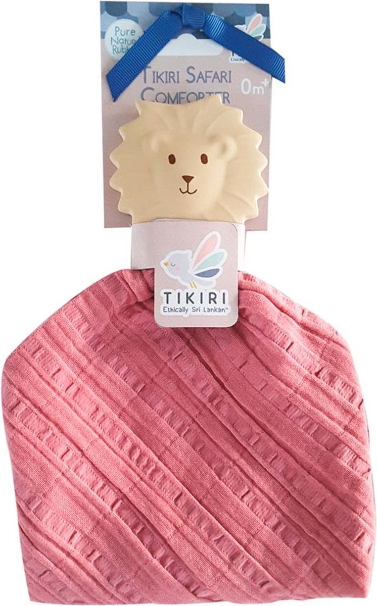Tikiri Dam Safari: Knuffeldoekje Donker - Leeuw Met Hoofdje In Natuurlijk Rubber (Bijtring) 25x23cm, Op Kaart, 0+ - Roze