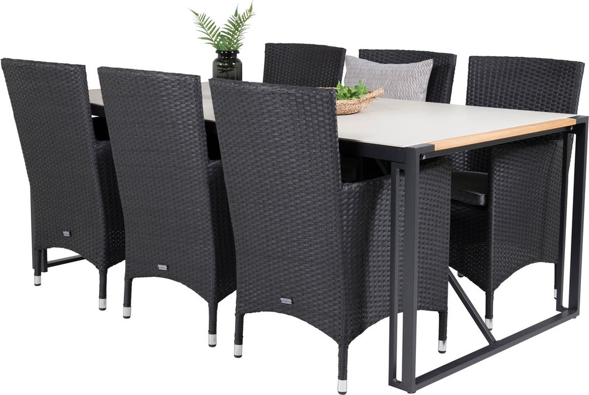 Texas Tuinmeubelset Tafel 100x200cm En 6 Stoel Malin, Naturel, Grijs. - Zwart