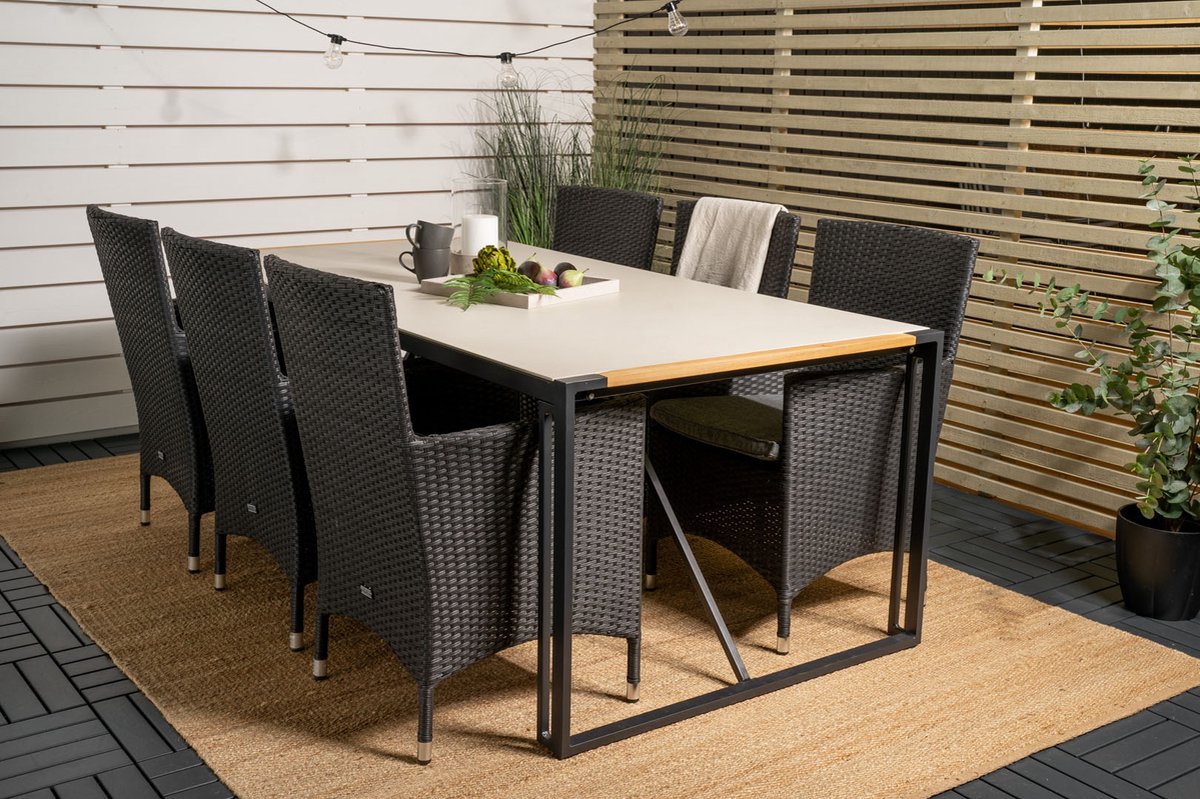 Texas Tuinmeubelset Tafel 100x200cm En 6 Stoel Malin, Naturel, Grijs. - Zwart
