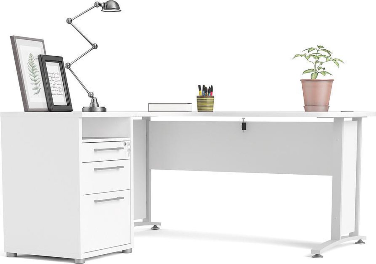 Prisme Hoekbureau Met 1 Plank En 3 Laden,, - Wit