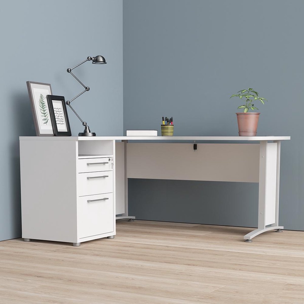 Prisme Hoekbureau Met 1 Plank En 3 Laden,, - Wit