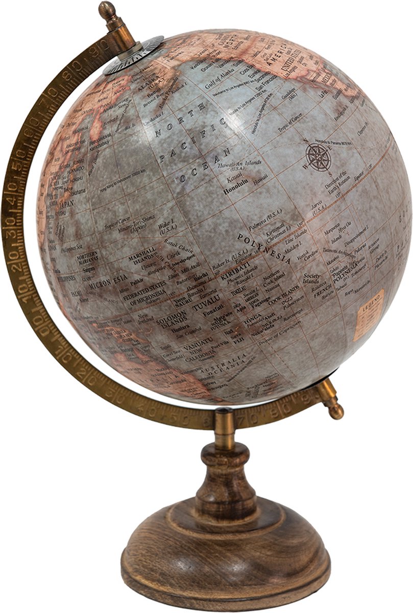 Clayre & Eef Wereldbol Decoratie 22*22*37 Cm, Roze Hout, Ijzer Rond Globe Aardbol Globe Aardbol - Blauw