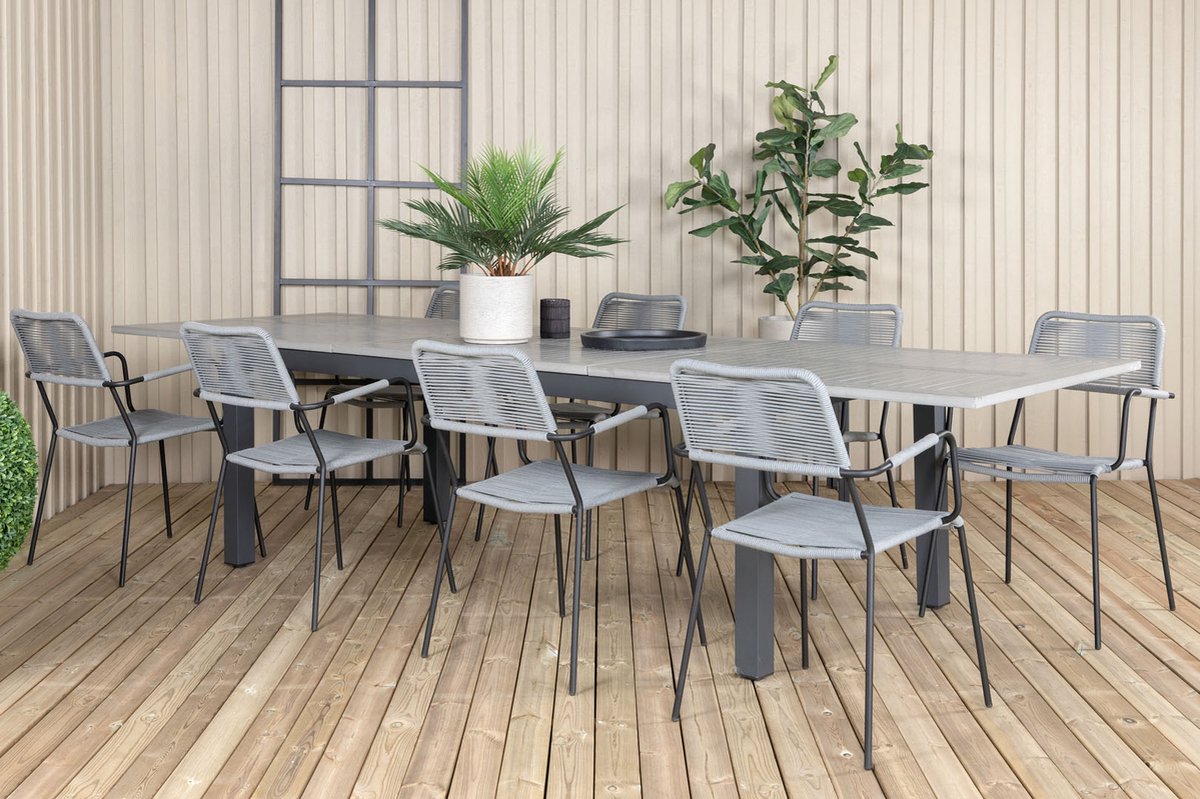 Albany Tuinmeubelset Tafel 100x224/324cm En 8 Stoel Armleuning Lindos, Grijs. - Zwart