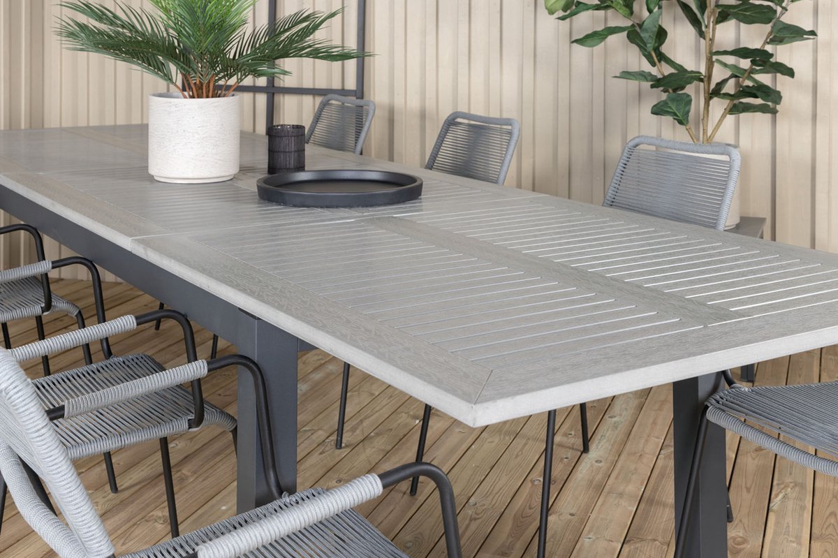 Albany Tuinmeubelset Tafel 100x224/324cm En 8 Stoel Armleuning Lindos, Grijs. - Zwart