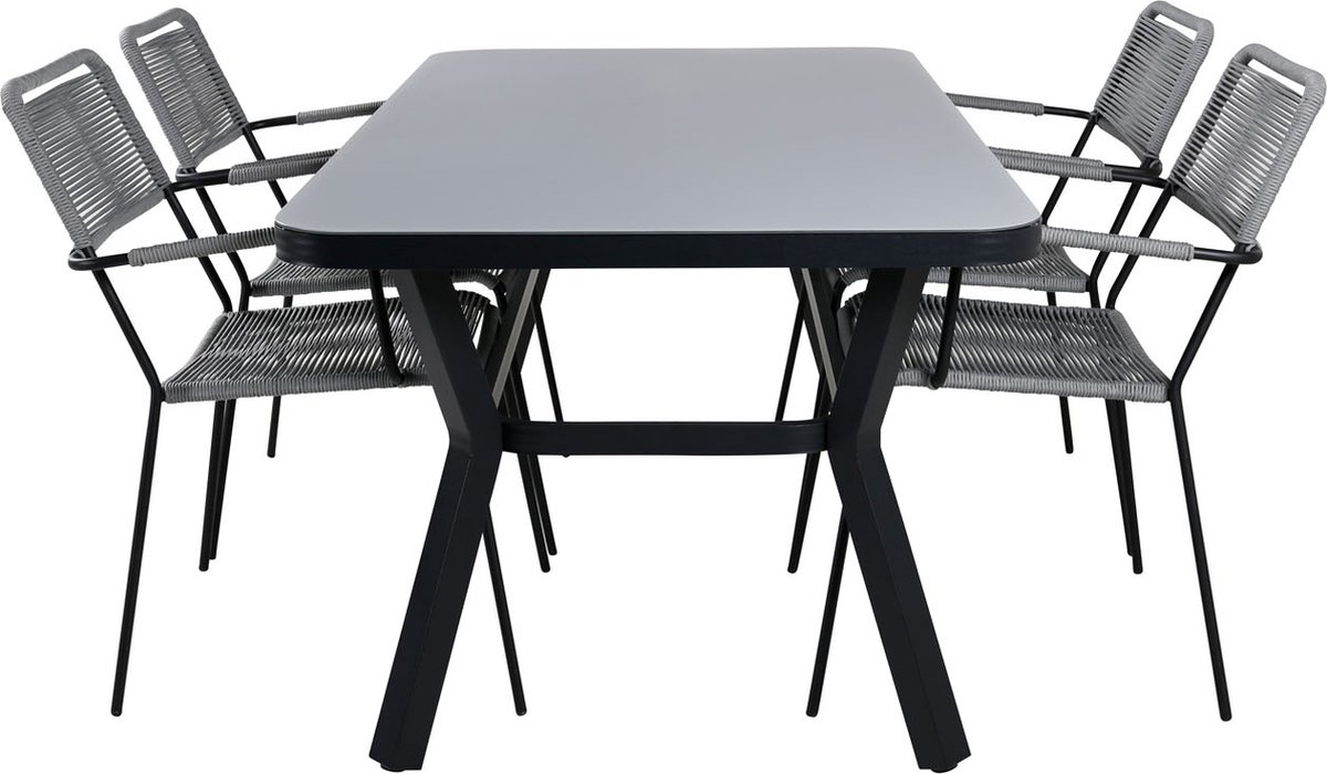 Virya Tuinmeubelset Tafel 90x160cm En 4 Stoel Armleuningg Lindos, Grijs. - Zwart