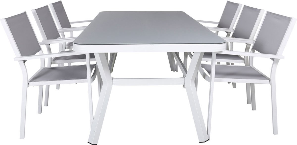 Virya Tuinmeubelset Tafel 100x200cm En 6 Stoel Copacabana, Grijs, Wit. - Zwart