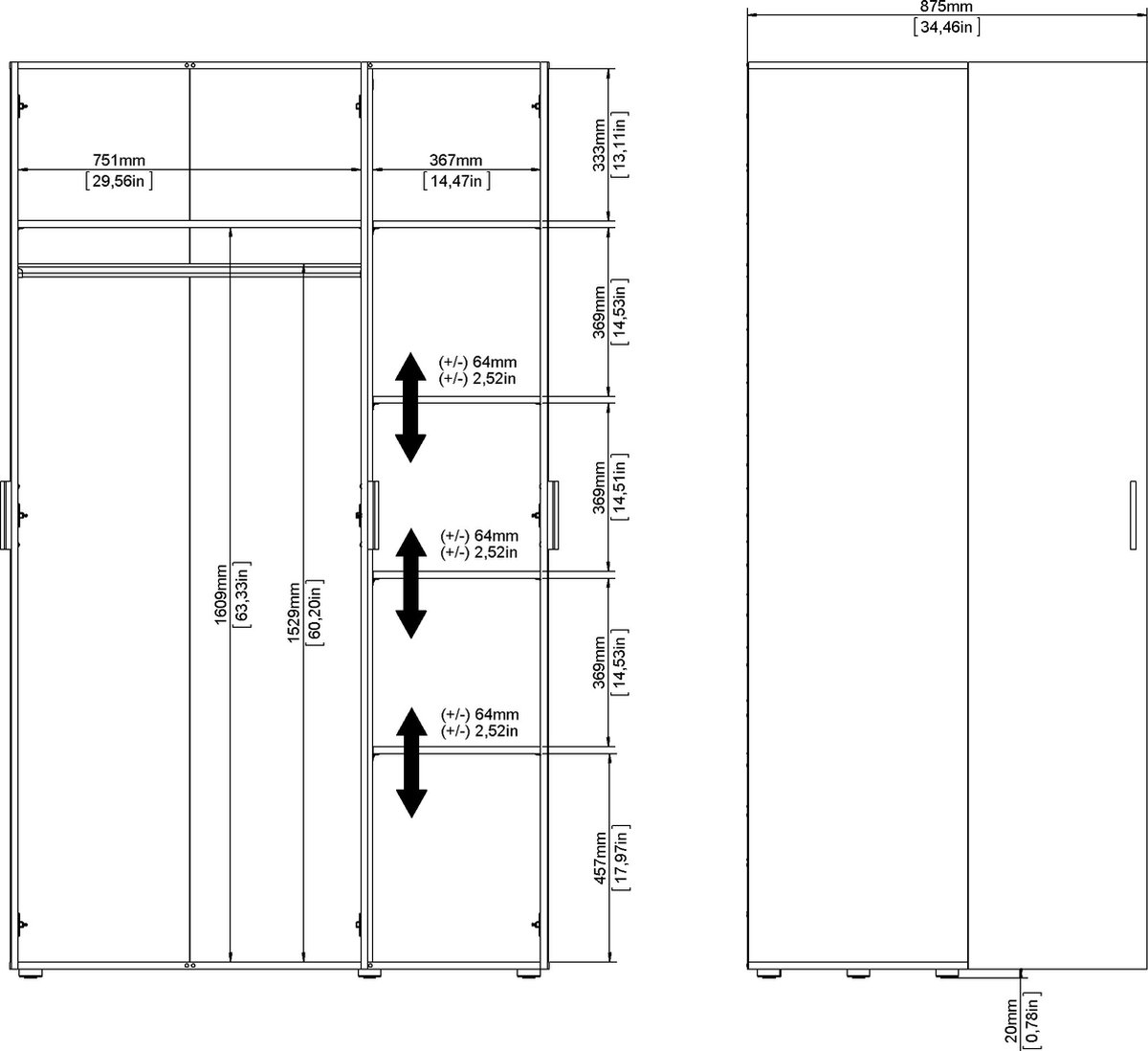 Petra Kledingkast 3 Deuren. - Wit