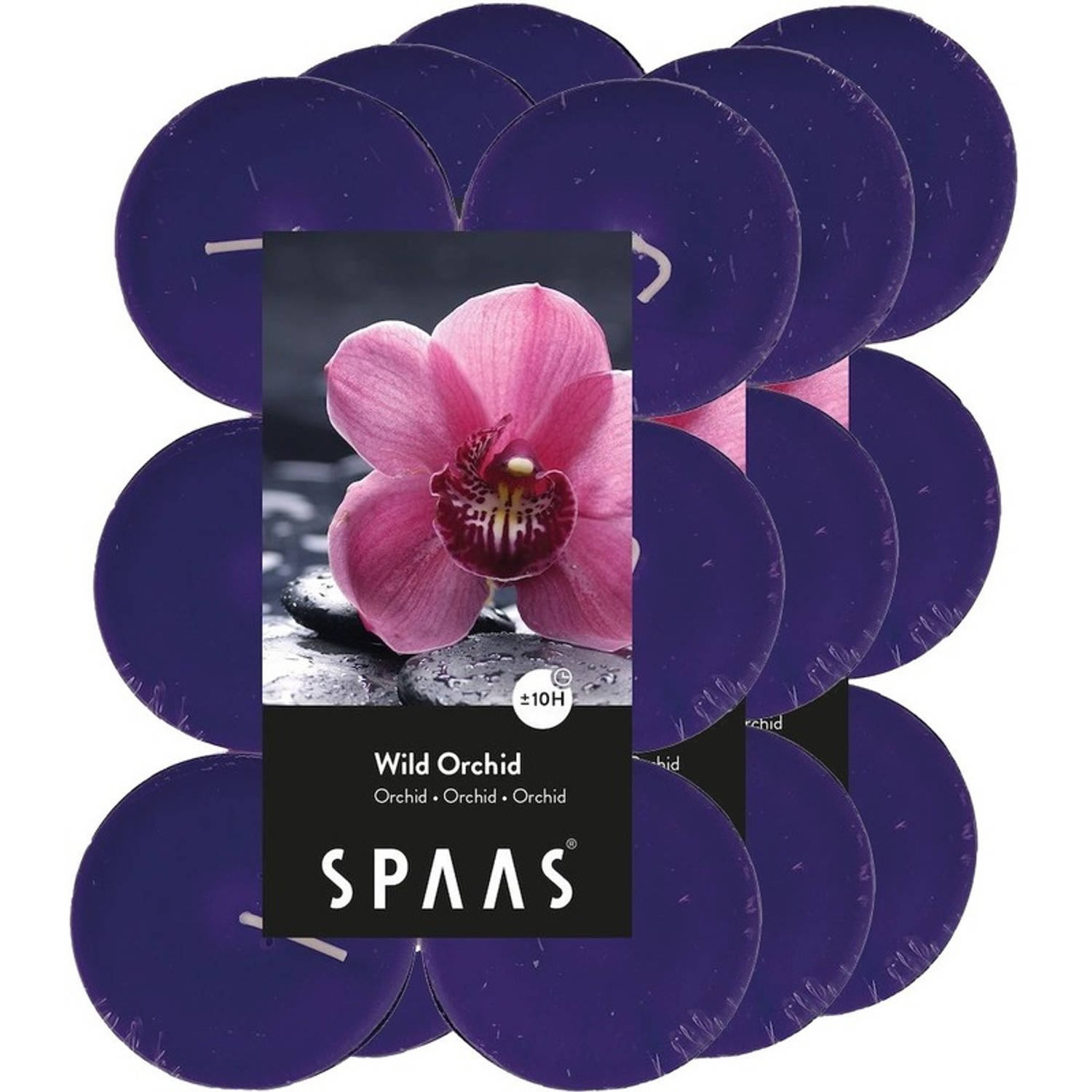 Spaas 36x Maxi Geurtheelichtjes Orchid Blossom 10 Branduren - Geurkaarsen Orchidee Bloemen Geur - Grote Waxinelichtjes - Paars