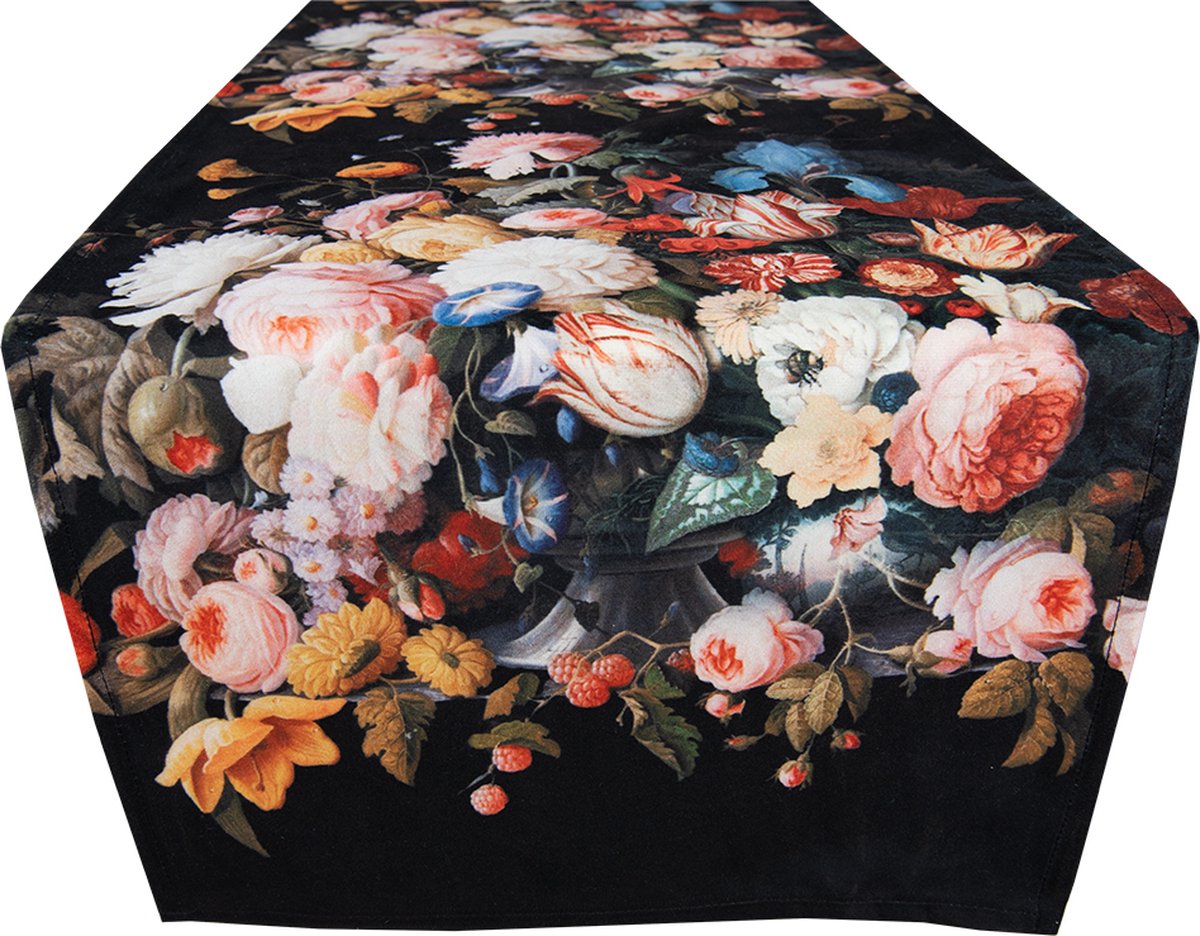 Clayre & Eef Tafelloper 35*180 Cm, Rood, Geel Polyester Rechthoek Bloemen Tafelkleed Loper Tafeltextiel - Zwart