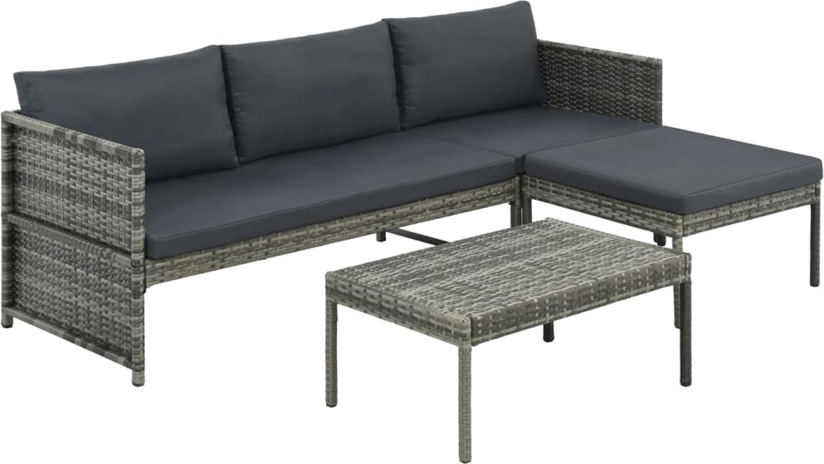 Vidaxl 3-delige Loungeset Met Kussens Poly Rattan - Grijs
