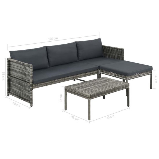Vidaxl 3-delige Loungeset Met Kussens Poly Rattan - Grijs