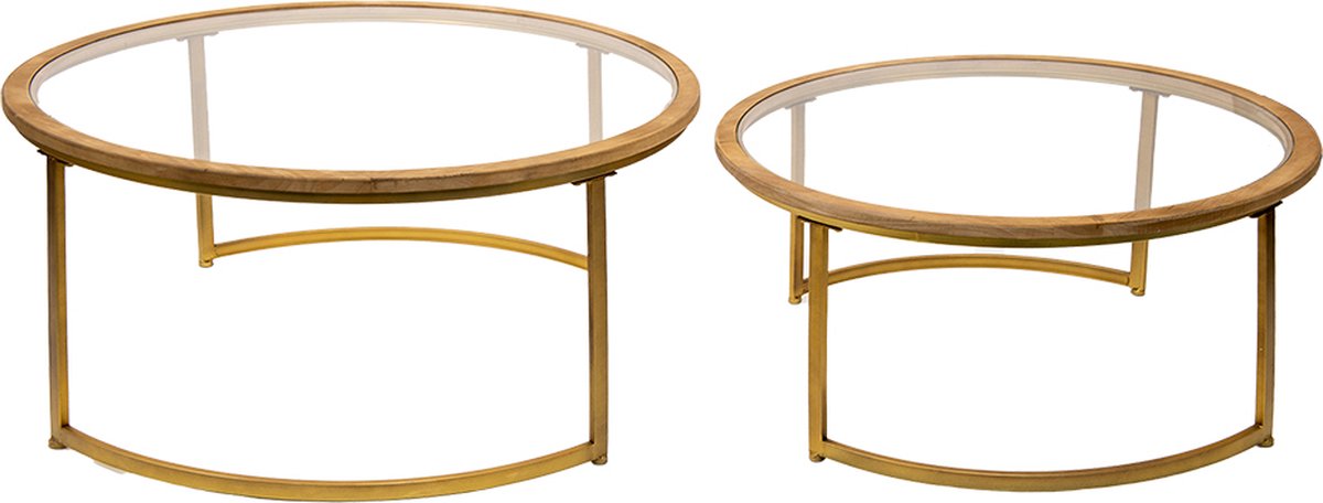 Clayre & Eef Salontafel Set Van 2 Ø 91*43 / Ø 80*37 Cm Ijzer, Glas, Hout Tafel Set Van 2 Tafel Set Van 2 - Bruin
