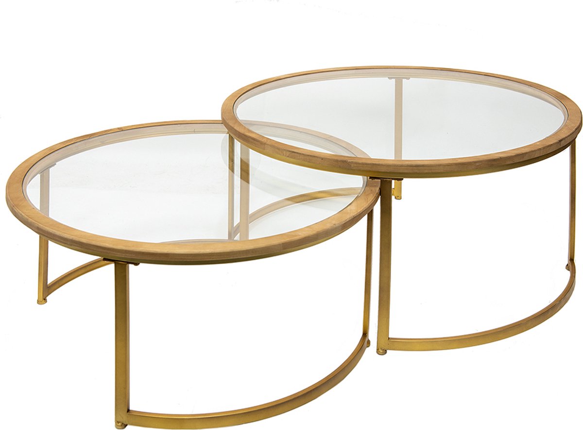 Clayre & Eef Salontafel Set Van 2 Ø 91*43 / Ø 80*37 Cm Ijzer, Glas, Hout Tafel Set Van 2 Tafel Set Van 2 - Bruin
