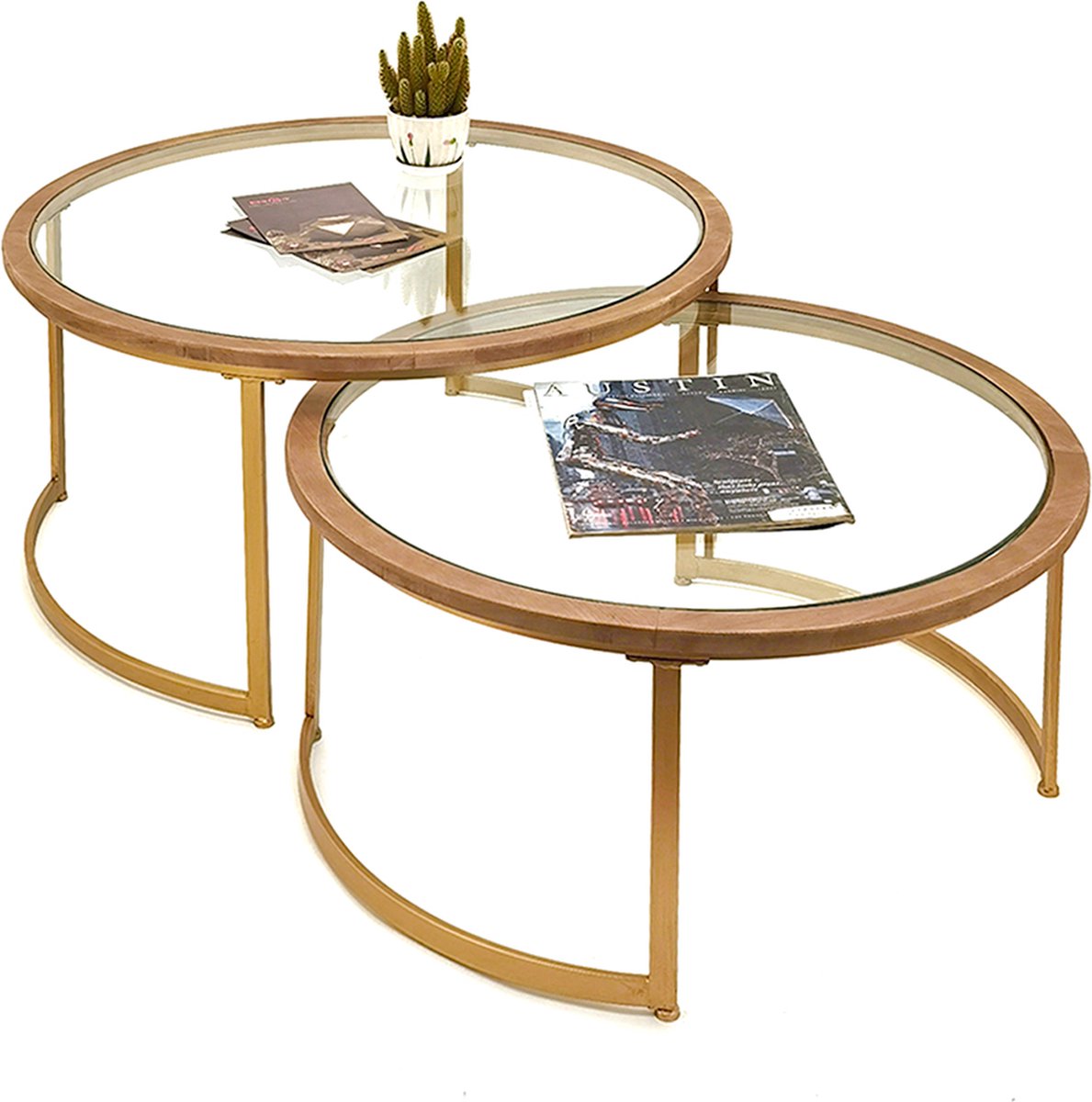 Clayre & Eef Salontafel Set Van 2 Ø 91*43 / Ø 80*37 Cm Ijzer, Glas, Hout Tafel Set Van 2 Tafel Set Van 2 - Bruin