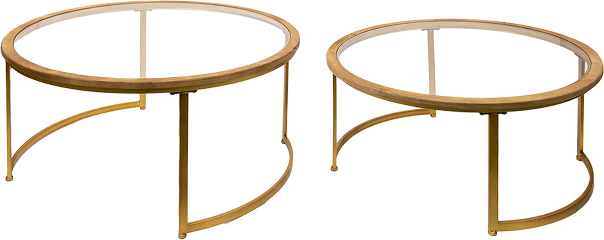 Clayre & Eef Salontafel Set Van 2 Ø 91*43 / Ø 80*37 Cm Ijzer, Glas, Hout Tafel Set Van 2 Tafel Set Van 2 - Bruin