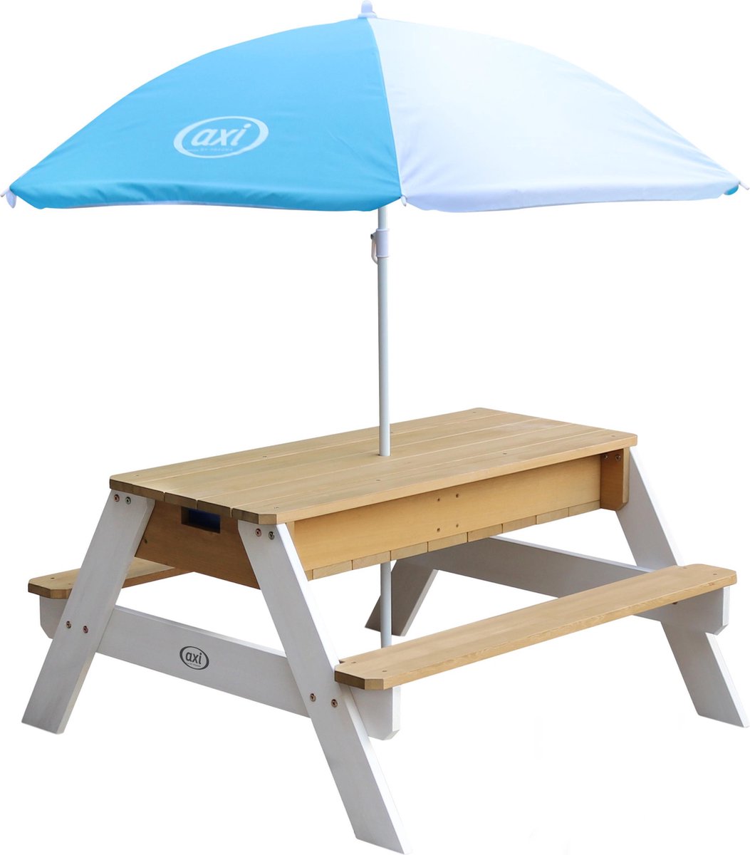 axi Nick Picknicktafel / Zandtafel / Watertafel Voor Kinderen In Bruin/ Met Parasol In Blauw/ Multifunctionele - Wit