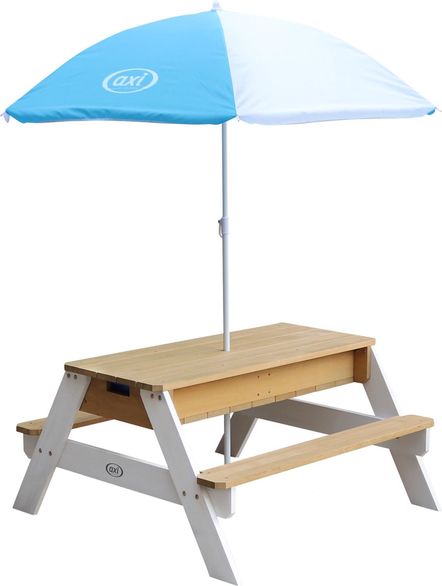 axi Nick Picknicktafel / Zandtafel / Watertafel Voor Kinderen In Bruin/ Met Parasol In Blauw/ Multifunctionele - Wit