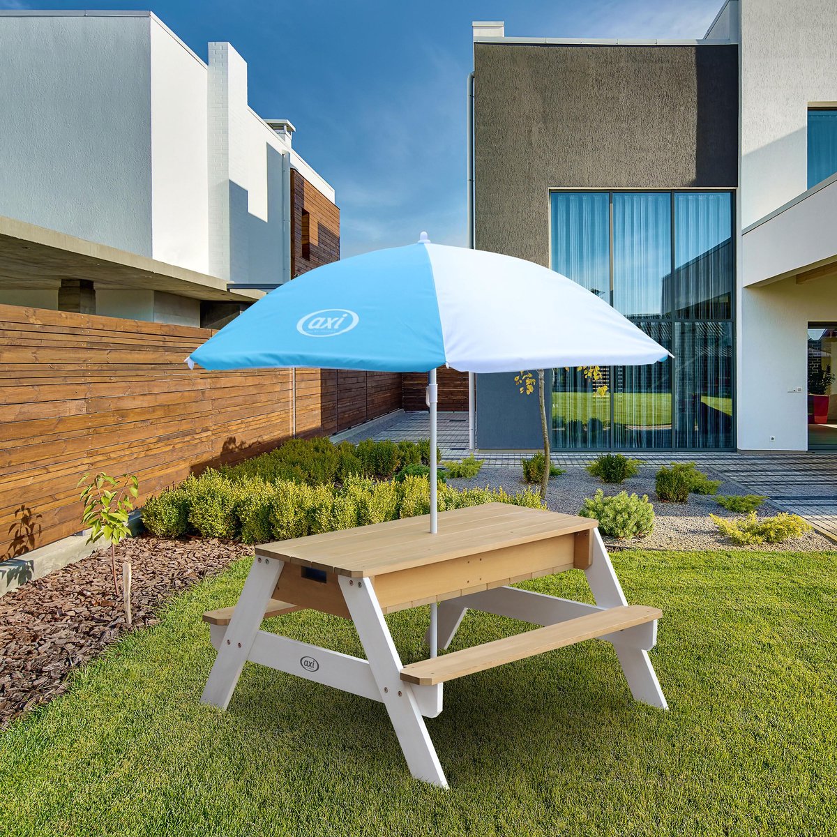 axi Nick Picknicktafel / Zandtafel / Watertafel Voor Kinderen In Bruin/ Met Parasol In Blauw/ Multifunctionele - Wit