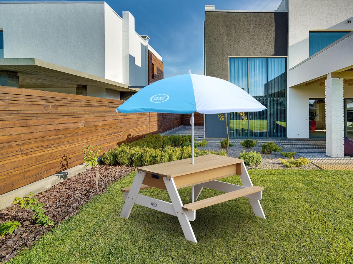 axi Nick Picknicktafel / Zandtafel / Watertafel Voor Kinderen In Bruin/ Met Parasol In Blauw/ Multifunctionele - Wit