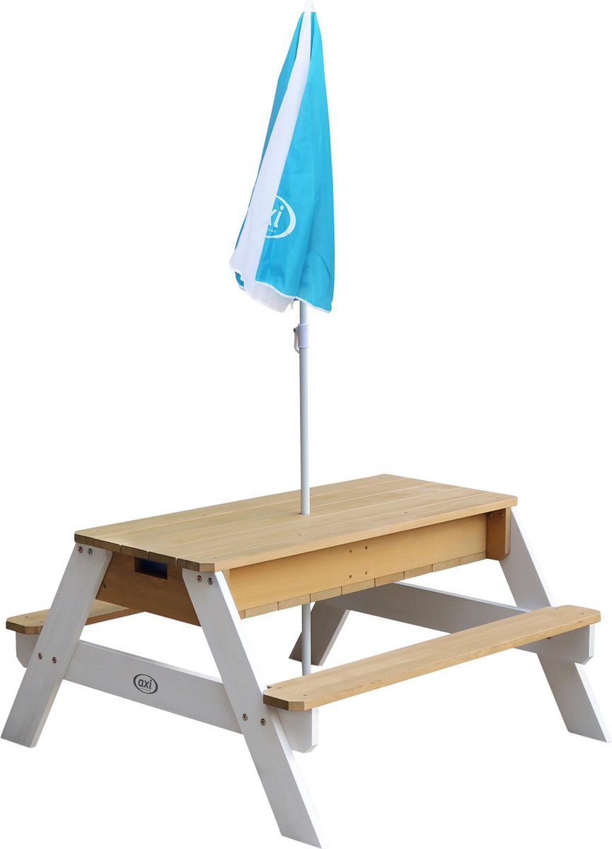 axi Nick Picknicktafel / Zandtafel / Watertafel Voor Kinderen In Bruin/ Met Parasol In Blauw/ Multifunctionele - Wit