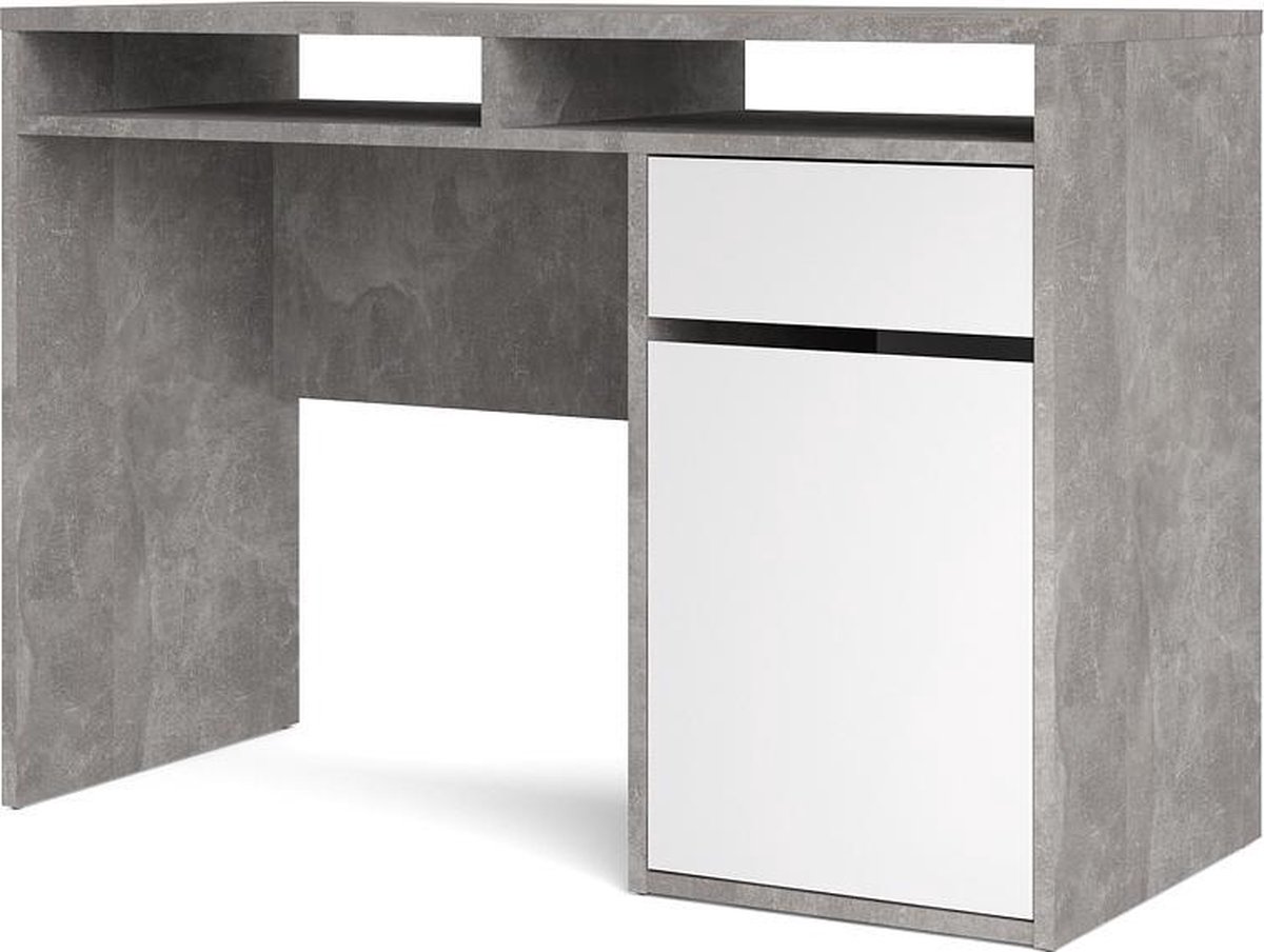 Plus Bureau Met 1 Deur, 1 Lade En 2 Legplanken, Betondecor/ Hoogglans. - Wit