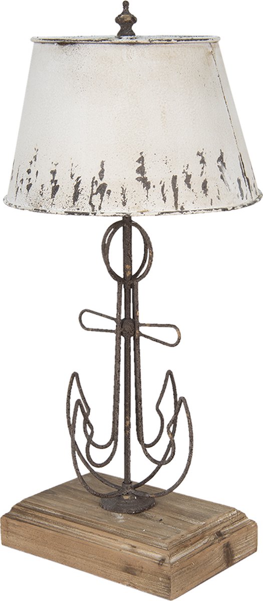 Clayre & Eef Tafellamp Ø 35*79 Cm Creme, Bruin Hout, Ijzer Bureaulamp Nachtlampje Creme Bureaulamp Nachtlampje - Beige