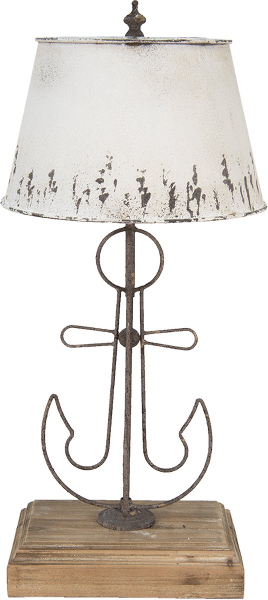 Clayre & Eef Tafellamp Ø 35*79 Cm Creme, Bruin Hout, Ijzer Bureaulamp Nachtlampje Creme Bureaulamp Nachtlampje - Beige