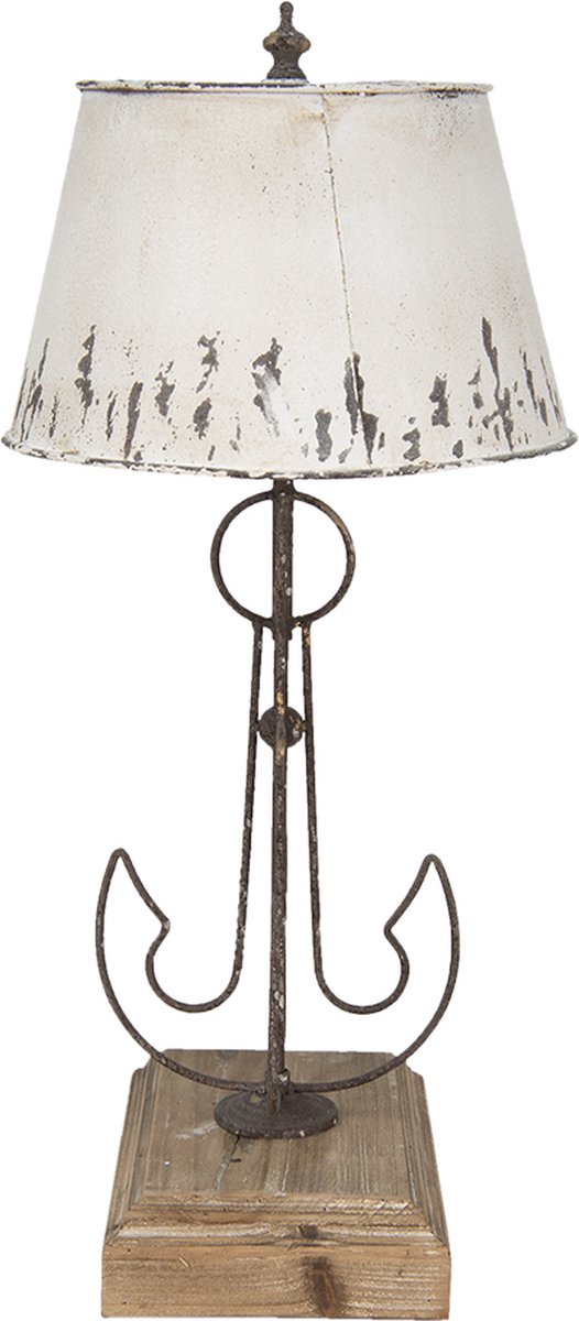 Clayre & Eef Tafellamp Ø 35*79 Cm Creme, Bruin Hout, Ijzer Bureaulamp Nachtlampje Creme Bureaulamp Nachtlampje - Beige