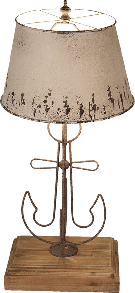 Clayre & Eef Tafellamp Ø 35*79 Cm Creme, Bruin Hout, Ijzer Bureaulamp Nachtlampje Creme Bureaulamp Nachtlampje - Beige