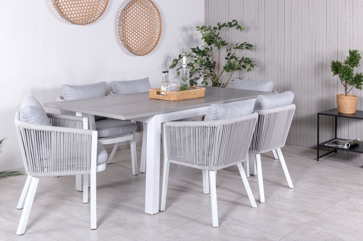 Albany Tuinmeubelset Tafel 90x152/210cm En 6 Stoel Virya, Grijs, Crèmekleur. - Wit